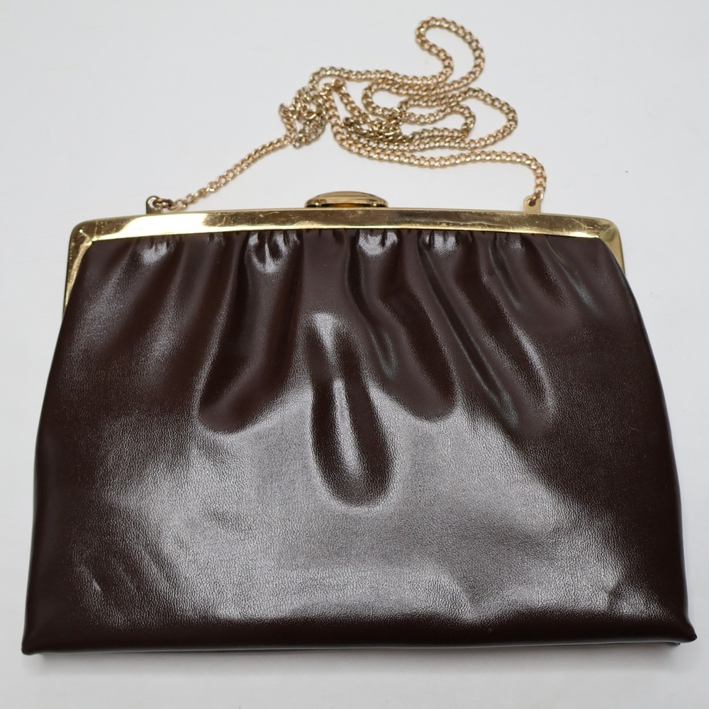 VTG 60s Mardane USA Brown Faux‎ Leather Gold Chain Handbag Clutch MCM Retro Glam